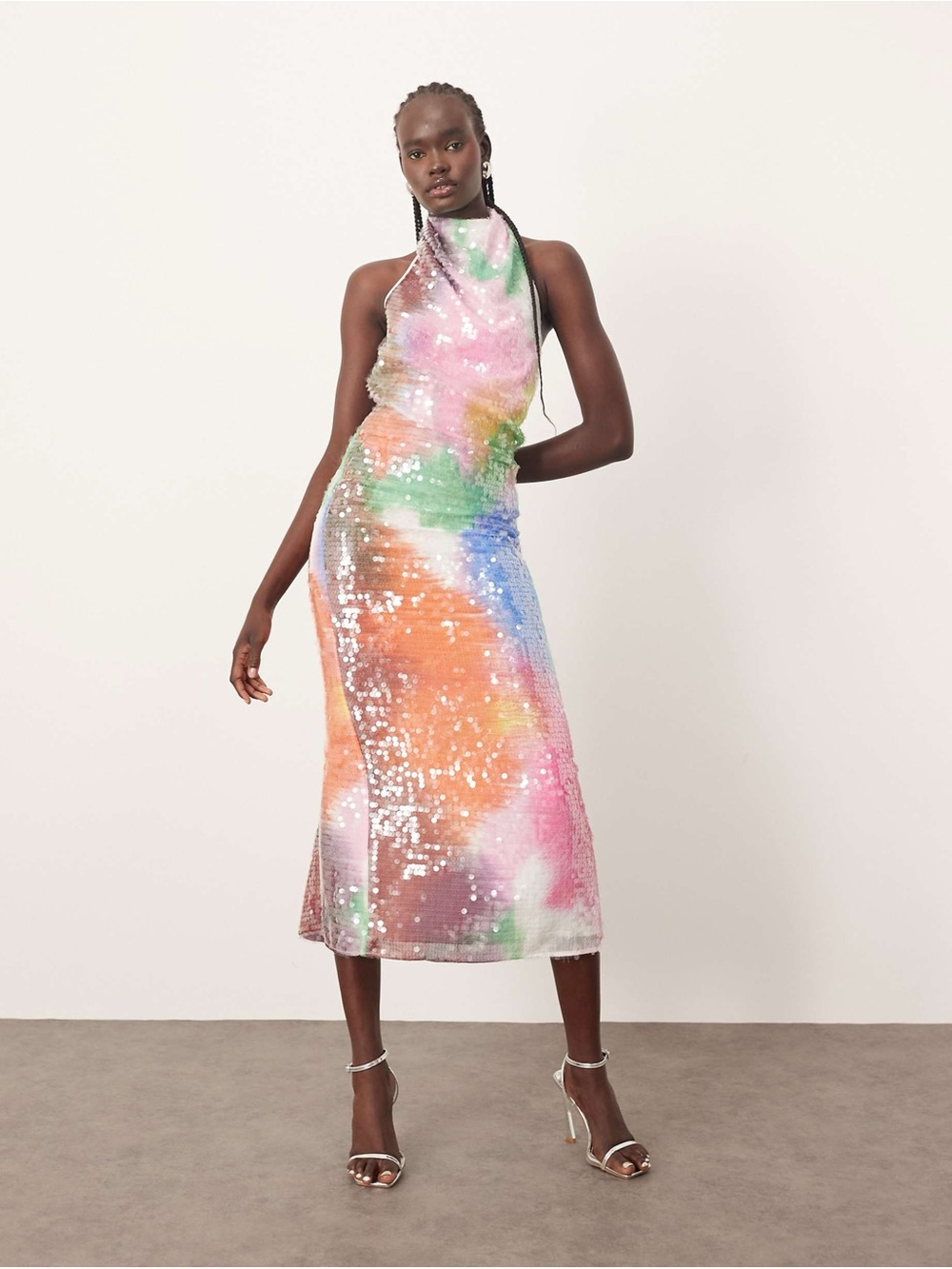 ARRANGE embellished draped halter column maxi dress in abstract sequin NWT | 10